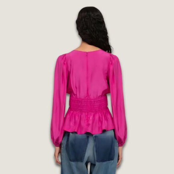 Sea New York Fabiola Silk Habotai Blouse Ruched Smocked Detailing Magenta 2 NWOT - Picture 4 of 13